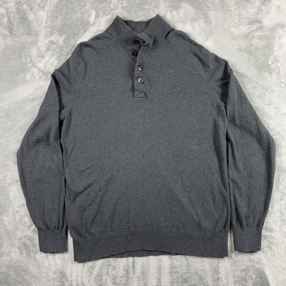 Vintage Eddie Bauer Sweater Mens TXL‎ Gray Cotton Cashmere Long Sleeve Button